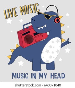 Hand drawn rock and roll elements and and dinosaur with slogans. Vector illustration.	