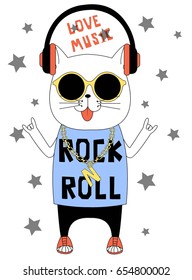 Hand drawn rock and roll elements and cat with slogans. Vector illustration.	