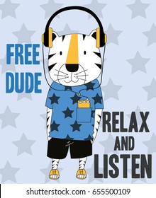 Hand drawn rock and roll elements and tiger with slogans. Vector illustration.	