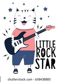 Hand drawn rock and roll elements and cat with slogans. Vector illustration.