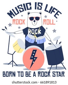 Hand drawn rock and roll elements and and bear with slogans. Vector illustration.