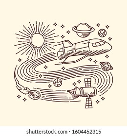 Hand drawn rocket adventure line illustration