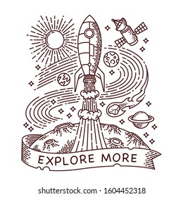 Hand drawn rocket adventure line illustration