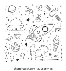 hand drawn rocket with doodle style. 
abstract space concept. 
used for concept design isolated on white background