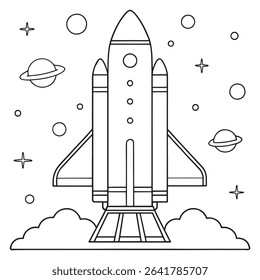 Hand drawn rocket flying through outer space in a stylized starry background illustration
