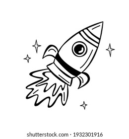 Hand drawn rocket icon in doodle style.