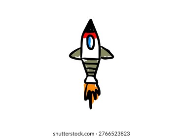 Hand drawn rocket illustration in simple doodle style representing missile or military rocket concept. 