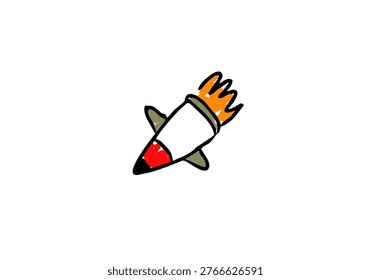 Hand drawn rocket illustration in simple doodle style representing missile or military rocket concept. 