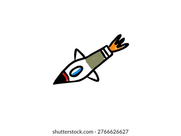 Hand drawn rocket illustration in simple doodle style representing missile or military rocket concept. 