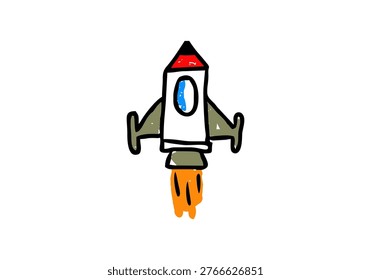 Hand drawn rocket illustration in simple doodle style representing missile or military rocket concept. 
