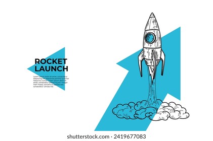 Hand drawn rocket launch. Isolated spaceship on white background. Growth and boosting. Business and Science concept. Drawing sketch of launch rocket. Space ship doodle line art. Vector illustration. 