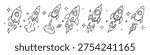 Hand drawn rocket launch set in line art style with fire smoke and stars. vector collection of various spaceships for startup development, business success. Doodle space shapes for startup growth
