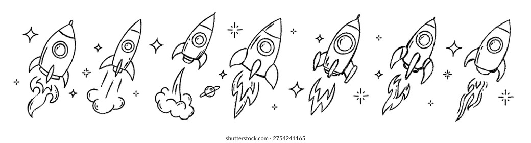 Hand drawn rocket launch set in line art style with fire smoke and stars. vector collection of various spaceships for startup development, business success. Doodle space shapes for startup growth