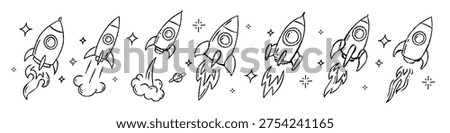 Hand drawn rocket launch set in line art style with fire smoke and stars. vector collection of various spaceships for startup development, business success. Doodle space shapes for startup growth