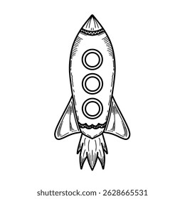 Hand Drawn rocket launch vector illustration. Sketch style space rocket graphic. Space exploration hand drawn icon
