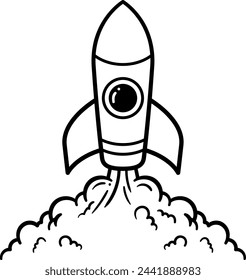 Hand drawn rocket launching. Ascending rocket startup concept drawing