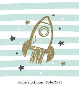 Hand drawn rocket print. Dream big. Gold texture