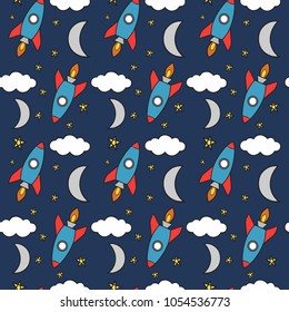 hand drawn rockets and crescent moon seamless pattern