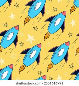 Hand drawn rockets soaring through a bright yellow background with stars vector illustration