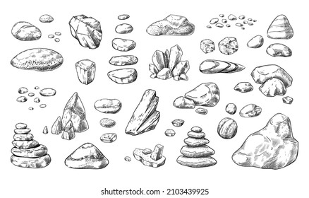 Hand drawn rocks. Gravel stones and boulders sketch. Vintage outline minerals. Pebble piles. Heavy cobblestones and granite rubble. Vector black and white doodle nature elements set - Shutterstock ID 2103439925