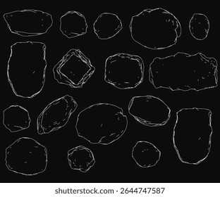 Hand drawn rocks sketched in white on a black background, creating a striking contrast. The set of stones features organic shapes and rough textures, ideal for natural themes.