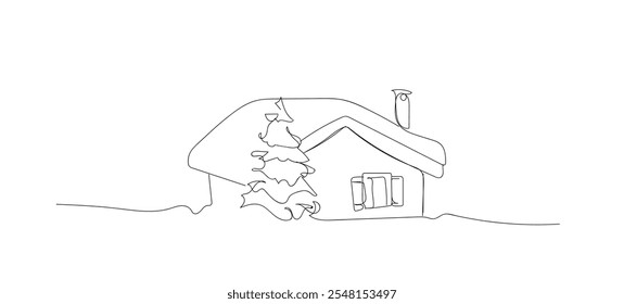 Hand drawn rocky peaks in sketch style. Cabin in mountains with pine tree. Landscape black on white background.  Vector illustration.  Hand made vector not AI. 