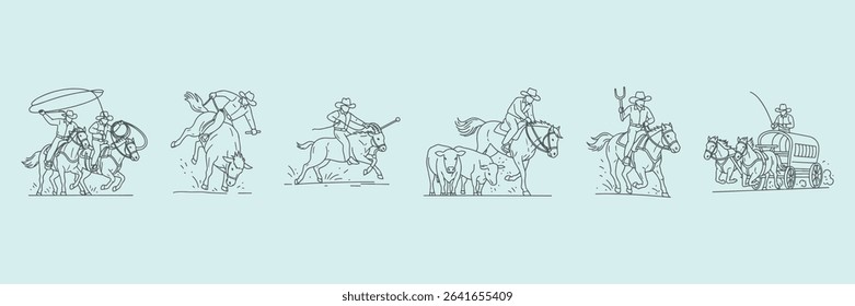 Hand Drawn Rodeo Icons Collection Vector, Rustic Western Cowboy and Rodeo Symbol Set, Vintage Style Rodeo Illustrations, Minimalist Line Art for Western Design and Branding

