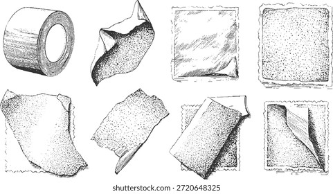 Desenhado à mão de um rolo de fita e vários pedaços de papel rasgado rasgado