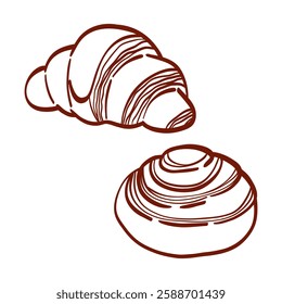 Hand drawn rolled bun and croissant. Bakery design elements. Doodle food on white background. Line illustration of buns.