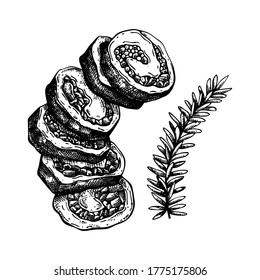 Hand drawn rolled meat with rosemary illustration. Thanksgiving day dinner menu element. Traditional turkey meat recipe for Thanksgiving dinner. Vintage sketch. Great for packaging, menu, recipe.