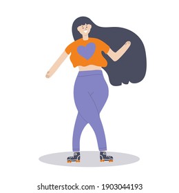 Hand drawn roller girl, smile and fun. Flat illustration.