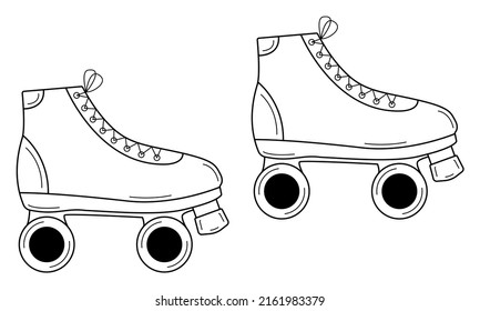 Hand drawn roller skates. Equipment for sports and outdoor activities. Attribute of the 80s, 90s. Doodle style. Sketch. Vector illustration