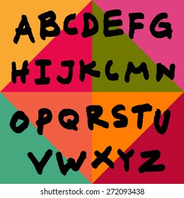 Hand drawn roman alphabet made with marker. Vector black letters on vivid multicolor background with triangles