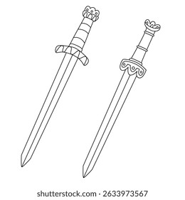 Hand drawn Roman gladius sword set illustration. Black outline vector with classic short double-edged blades and ornate hilts, perfect for coloring and historical themes.