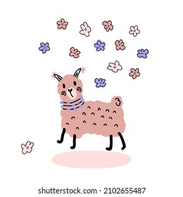 Hand drawn romantic alpaca in the rain of flowers. Perfect for T-shirt, postcard, textile and print. Doodle vector illustration for decor and design.
