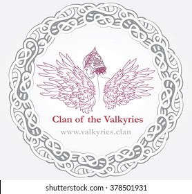 Hand drawn romantic beautiful artwork of Valkyrie in helmet inside braided circle.