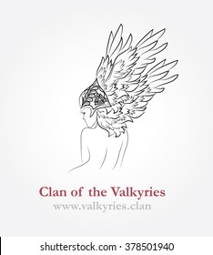 Hand Drawn Romantic Beautiful Artwork Of Valkyrie In Helmet With Wings. Boho Style.