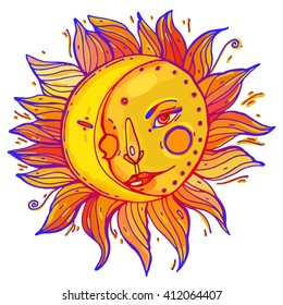 Hand drawn romantic beautiful drawing of a warm sun and moon with faces . Vector illustration isolated. Ethnic design, mystic tribal symbol for your use.