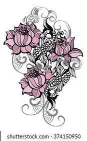Hand drawn romantic beautiful fish (Koi carp) with flowers - symbol or harmony, wisdom