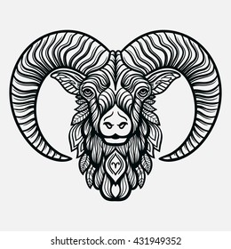 Hand drawn romantic beautiful line art of zodiac aries. Vector illustration isolated. Ethnic design, mystic horoscope symbol for your use. Ideal for tattoo art, coloring books. Zentangle style.