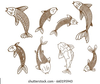 Hand drawn romantic beautiful line art of fish (Koi carp). Vector set isolated. Idea for tattoo and coloring books.