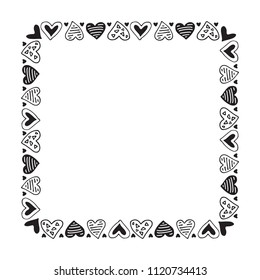 Hand drawn romantic border with hearts isolated on white background. Design element for photo frames,  greeting cards and home decor.