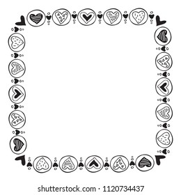 Hand drawn romantic border with hearts isolated on white background. Design element for photo frames,  greeting cards and home decor.