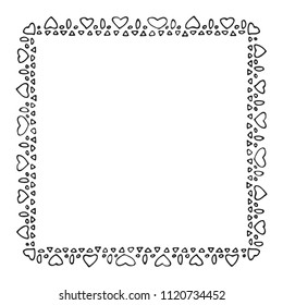 Hand drawn romantic border with hearts isolated on white background. Design element for photo frames,  greeting cards and home decor.