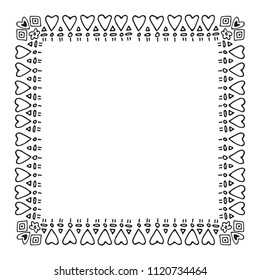 Hand drawn romantic border with hearts isolated on white background. Design element for photo frames,  greeting cards and home decor.