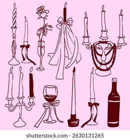 Hand Drawn Romantic Candle and Wine Doodle Clipart Set with Ribbons, Roses, and Pearls on Pink Background
