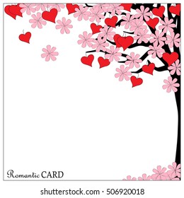 Hand drawn romantic card with spring tree of love and hearts and  blossom in boho style. Image for valentine day, wedding invitation card. eps 10.