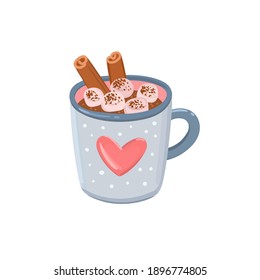 Hand drawn romantic cocoa cup vector illustration. Coffee mug with marshmallow and cinnamon sticks