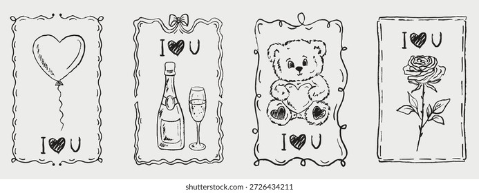 Convite de data romântico desenhado à mão. Arcos com laços. Cartões comemorativos do dia dos namorados. Urso de pelúcia, rosa, balão cardíaco e champanhe. Ilustração de esboço vetorial em estilo de carvão de giz de cera vintage