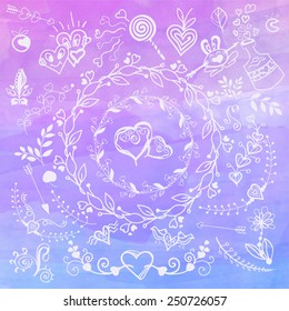 Hand Drawn Romantic Decoration against the background of watercolor curls and doodles handmade for your design, all elements separate.